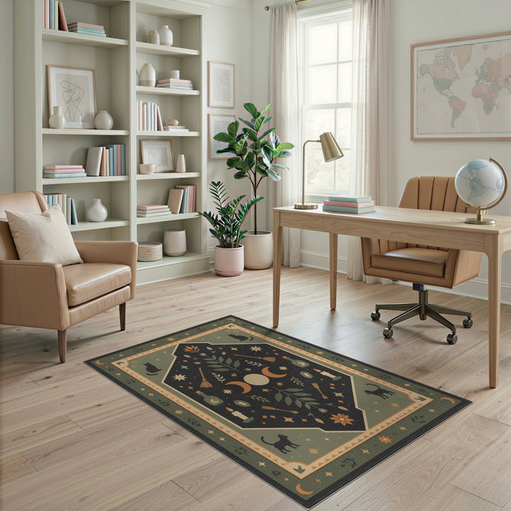 Mystic Cat Moon Green Area Rug