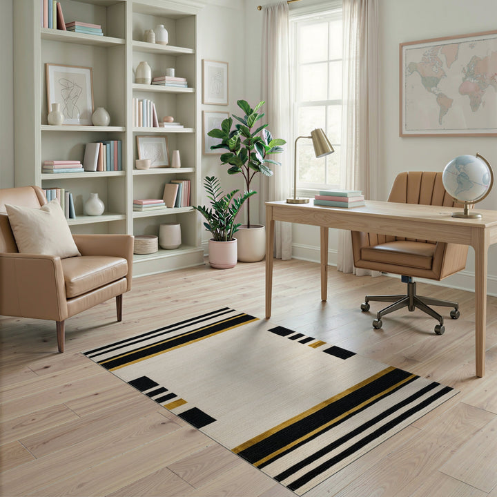 Black and White Black Gold Geometric Striped Area Rug