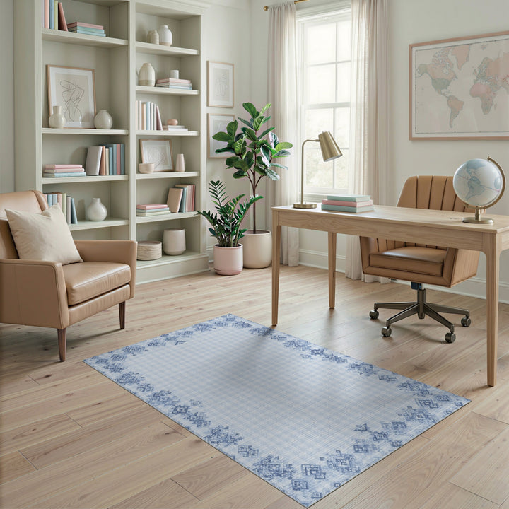 Blue Gingham Tribal Border Area Rug