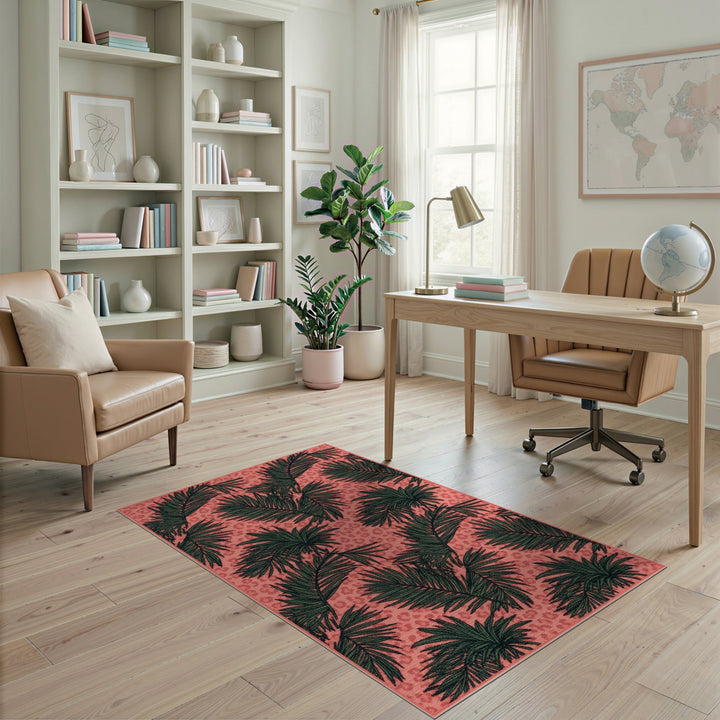 Pink Palm Leaf Leopard Area Rug