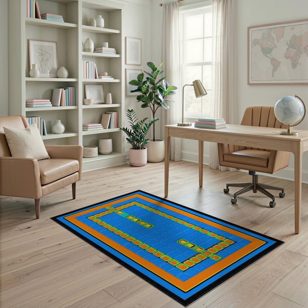 Blue Geometric Area Rug with Orange Border