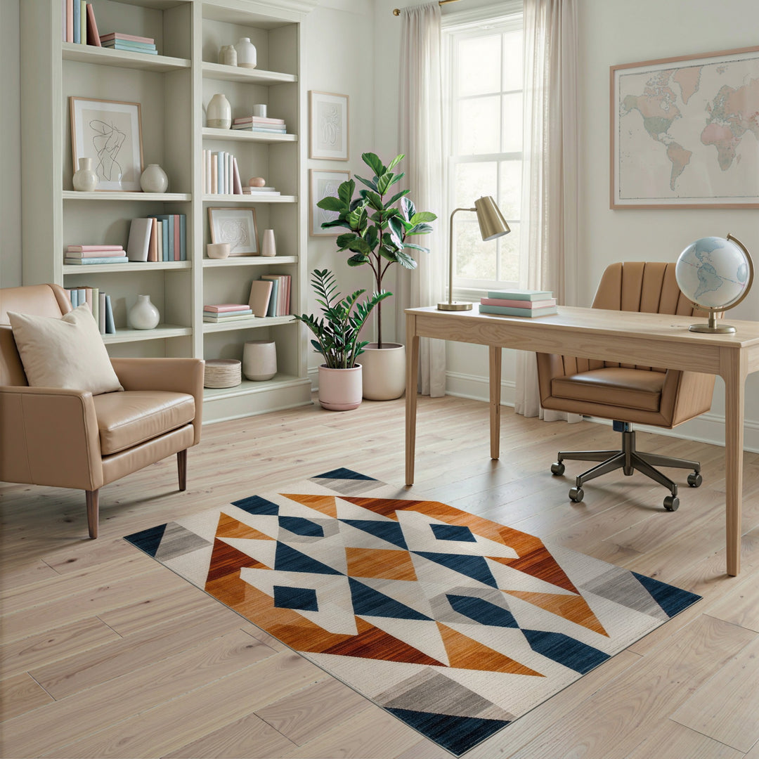 Navy Geometric Diamond Area Rug with Orange Accents