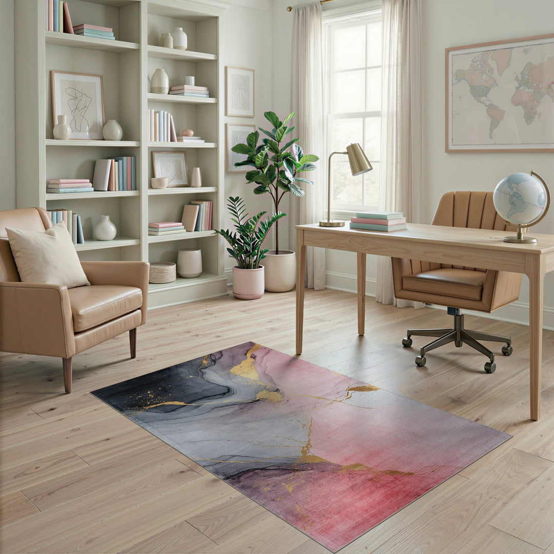 Pink Grey Gold Abstract Marble Area Rug