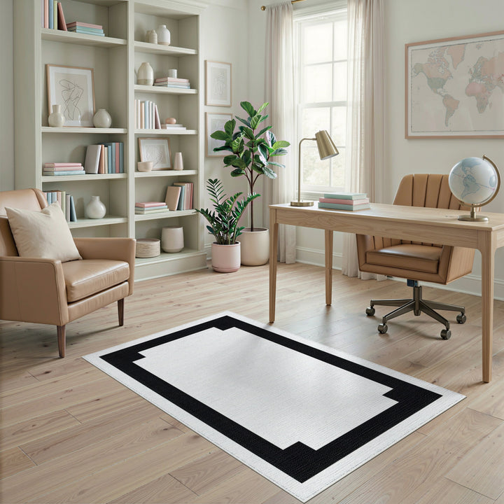Black White Geometric Step Border Rug