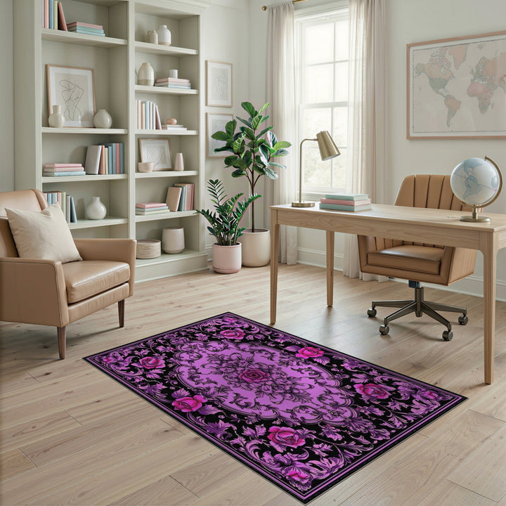 Purple Floral Vintage Area Rug with Pink Roses