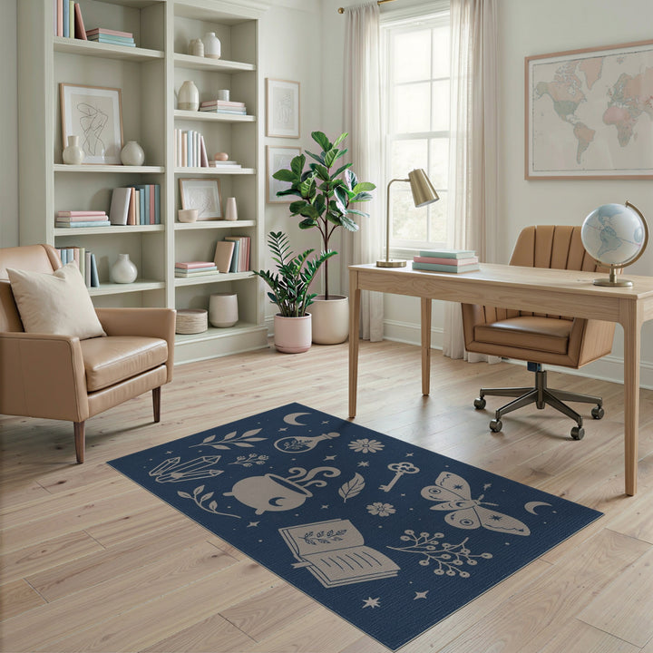 Blue Boho Mystical Cauldron Moth Area Rug