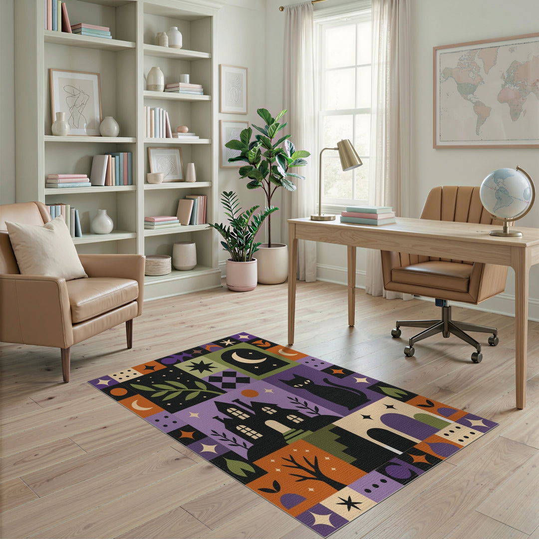 Black Cat Patchwork Geometric Area Rug