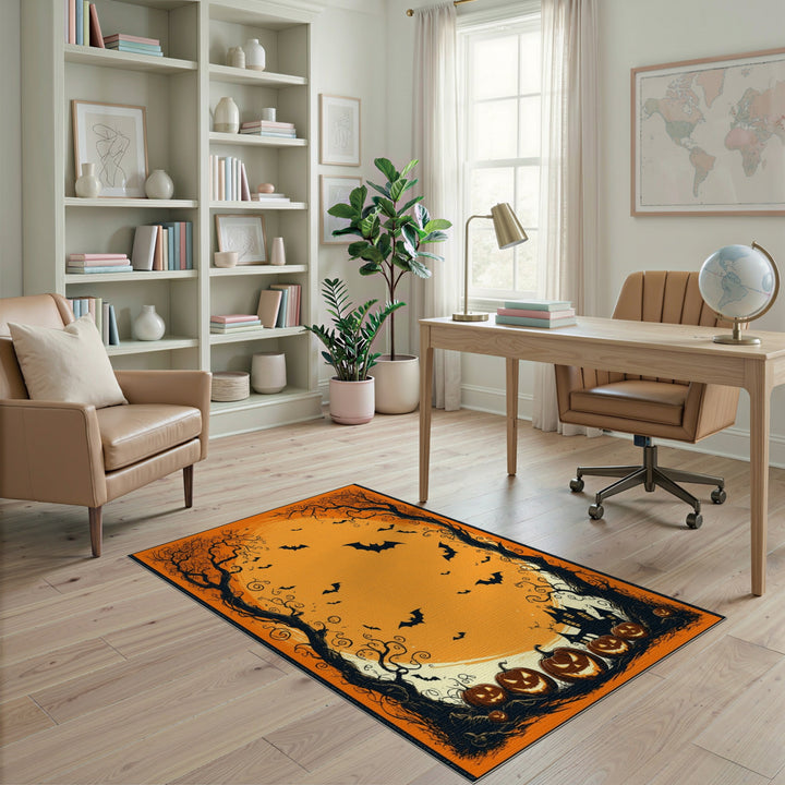 Orange Halloween Pumpkins and Bats Area Rug