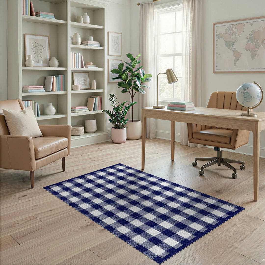 Navy Blue Checkered Geometric Modern Area Rug