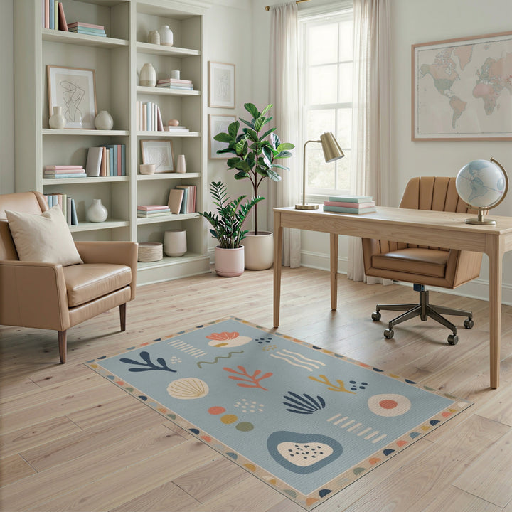 Coastal Blue Coral Shell Area Rug