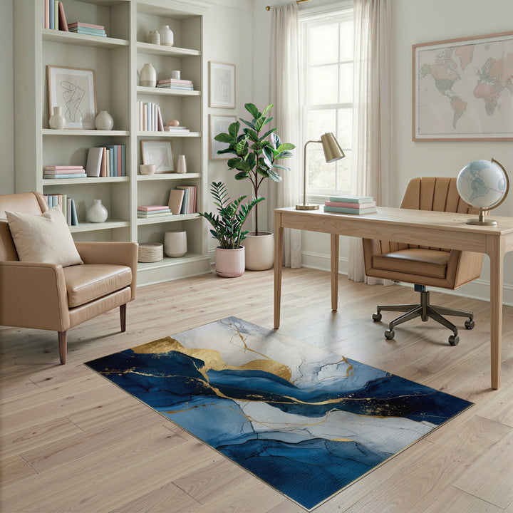 Blue and Teal Navy Blue Gold Marble Abstract Area Rug
