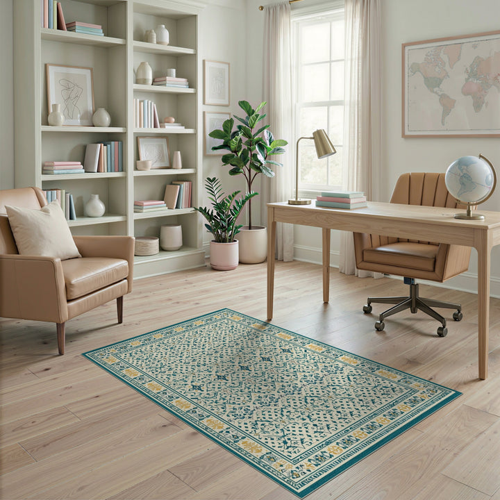 Teal Persian Area Rug with Gold Accents