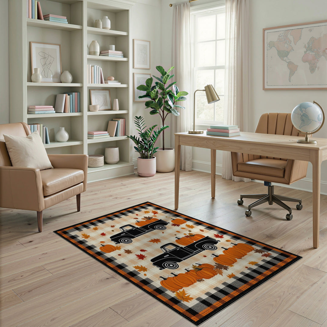 Autumn Pumpkin Truck Orange Plaid Area Rug