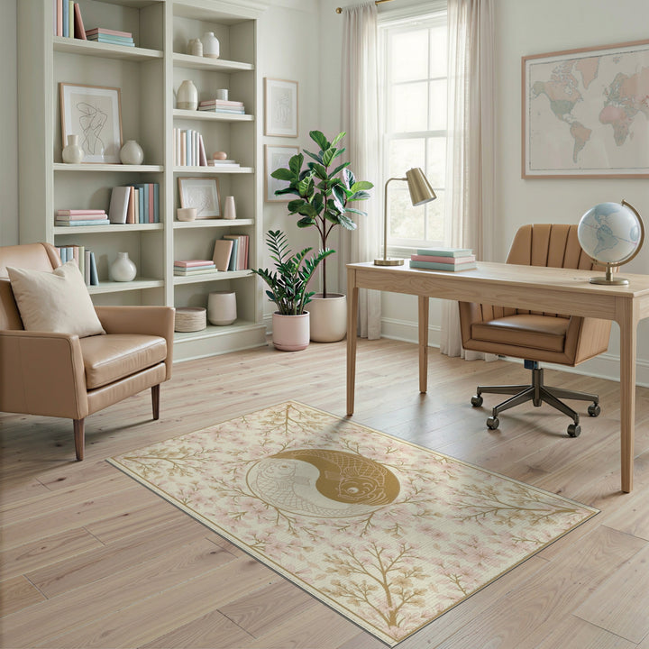Koi Yin Yang Cherry Blossom Beige Area Rug