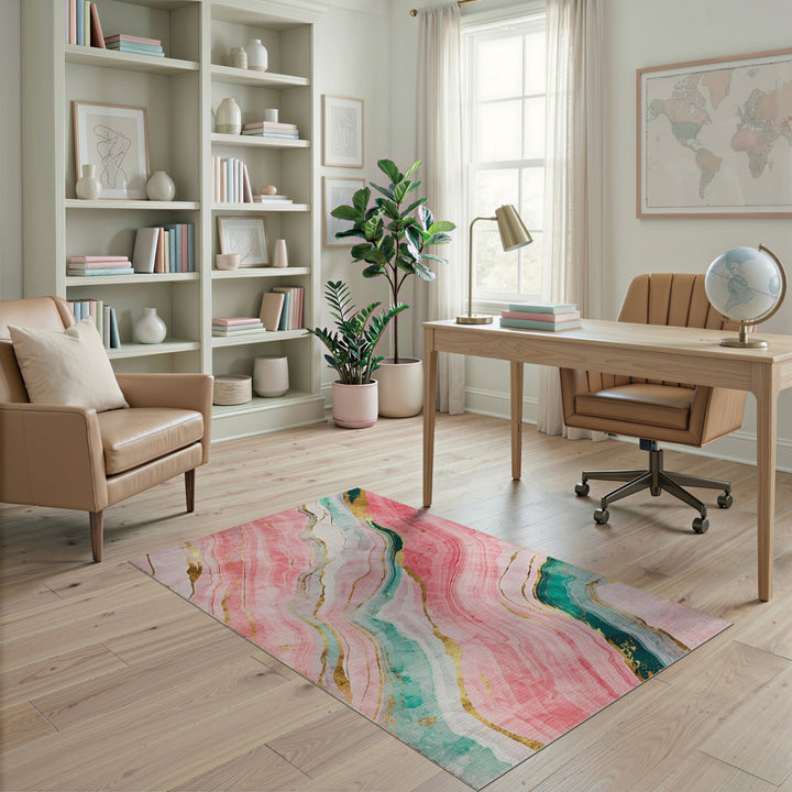 Pink Marble Gold Teal Abstract Area Rug