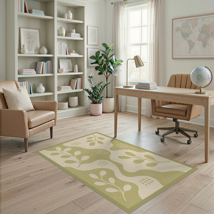 Sage Green Boho Leaf Area Rug