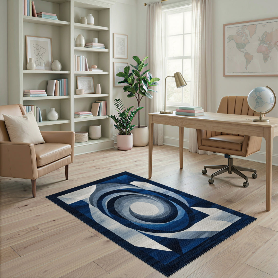 Blue Geometric Spiral Area Rug