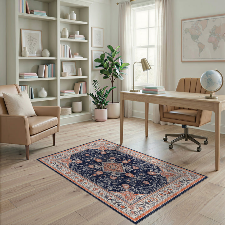 Blue and Teal Navy Blue Floral Traditional Persian Area Rug