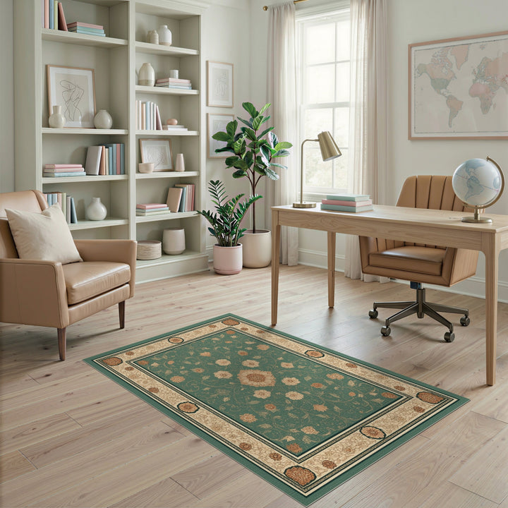 Teal Floral Vintage Area Rug with Cream Border