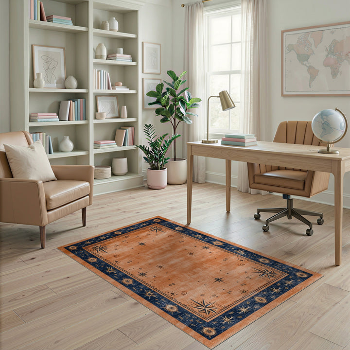 Orange Distressed Compass Star Area Rug
