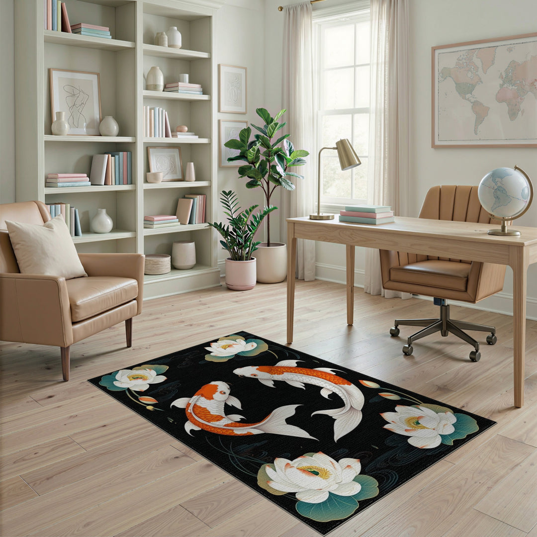 Orange Koi Lotus Black Area Rug