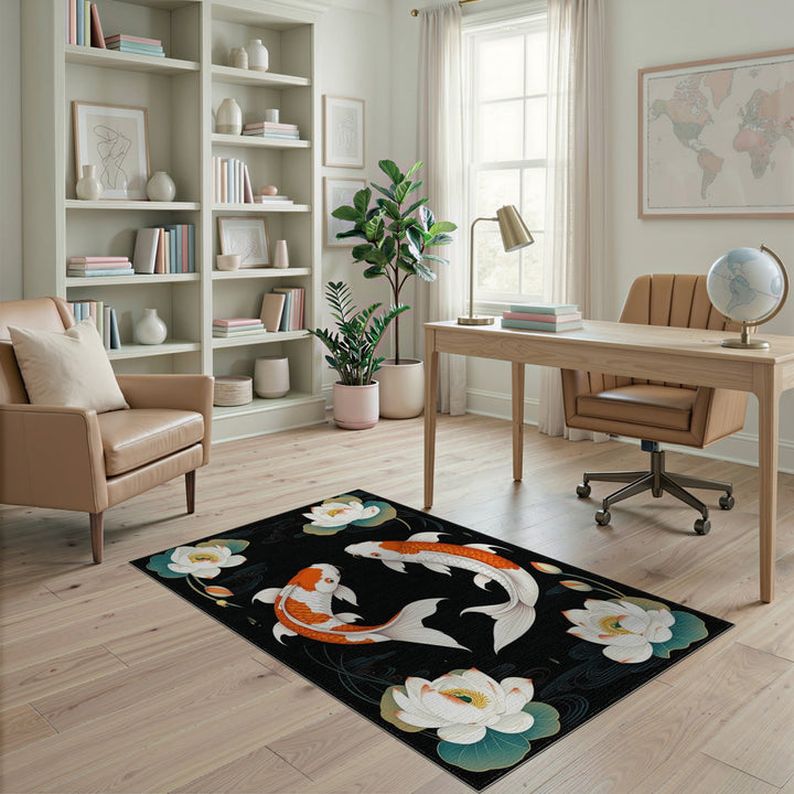 Orange Koi Lotus Black Area Rug