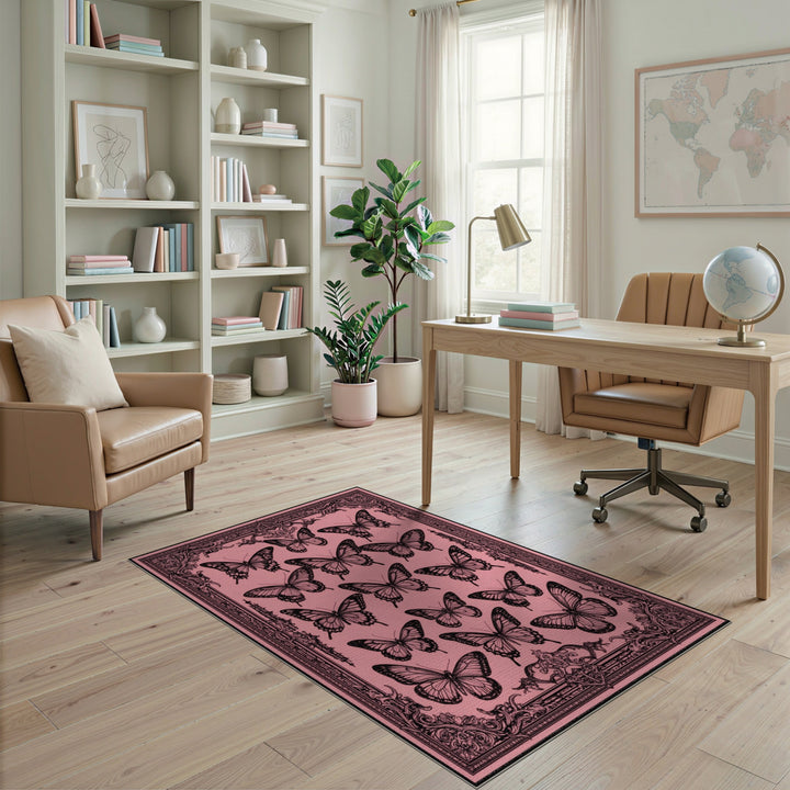 Pink Floral Vintage Pink Butterfly Vintage Area Rug