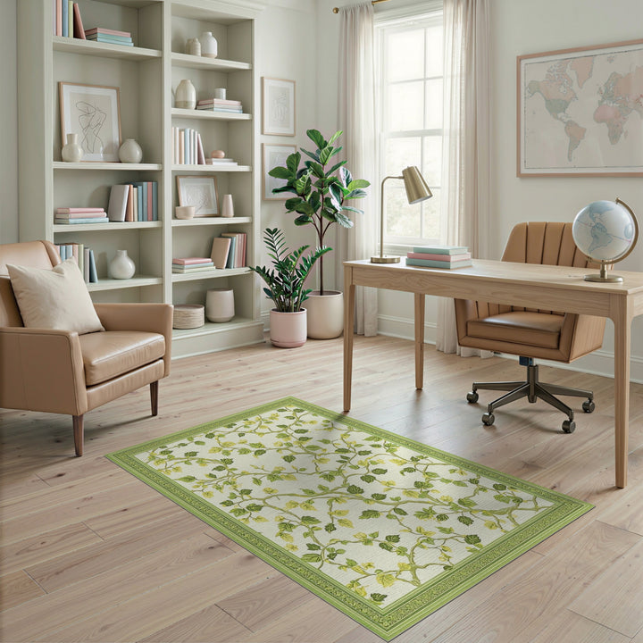 Green Vine Floral Washable Area Rug