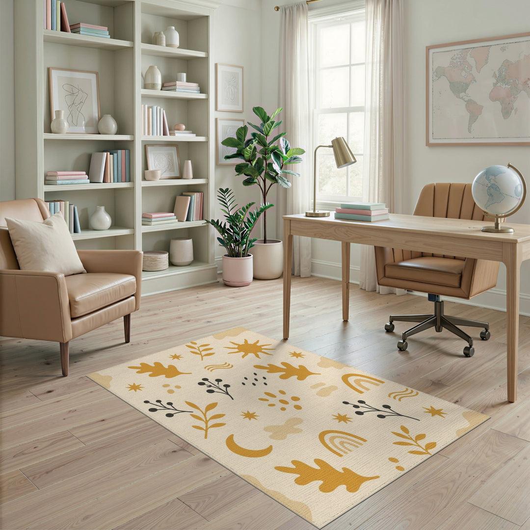 Beige Boho Chic Washable Area Rug with Sun Moon Leaves
