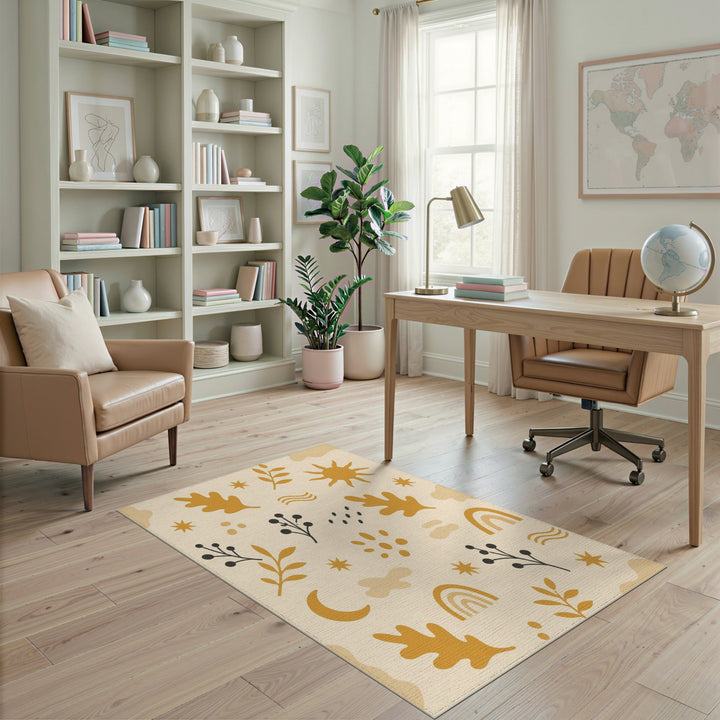 Beige Boho Chic Washable Area Rug with Sun Moon Leaves