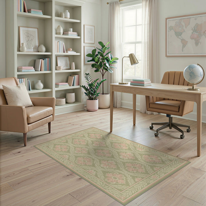 Pink Floral Sage Green Vintage Area Rug