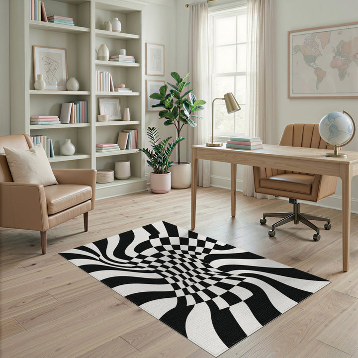 Black White Vortex Checkered Area Rug