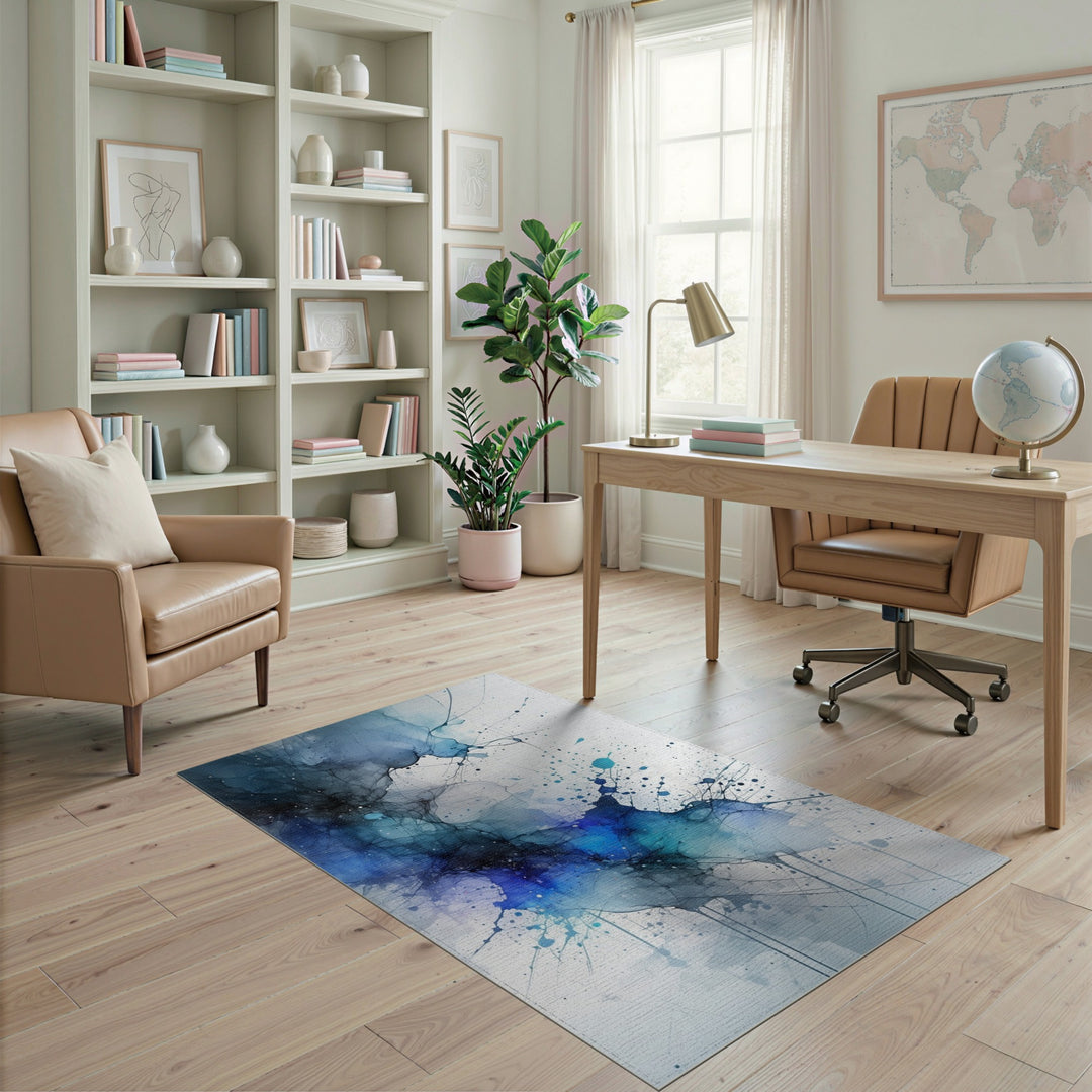 Blue Teal Abstract Ink Area Rug