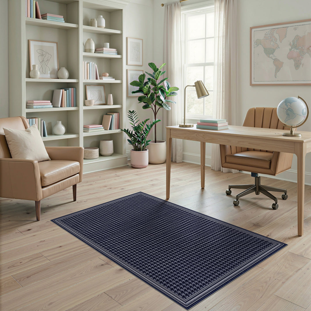 Navy Houndstooth Washable Area Rug