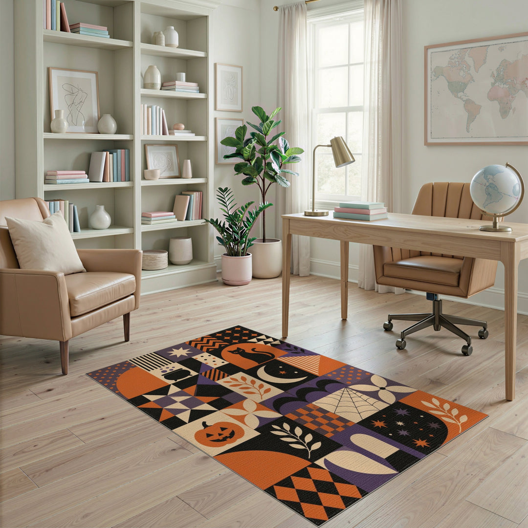 Halloween Geometric Area Rug with Pumpkins and Cats