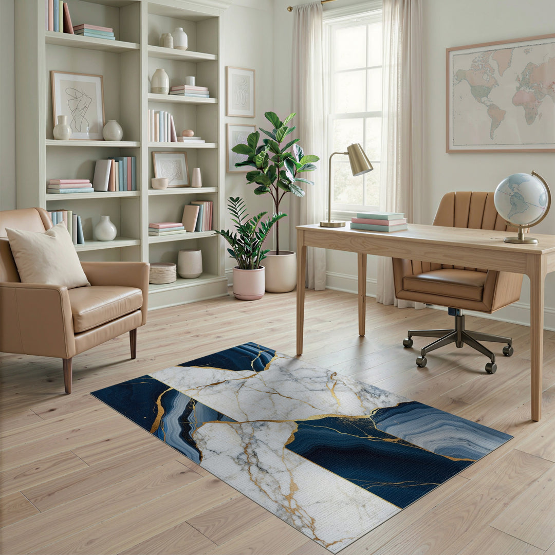 Navy Marble Gold Vein Area Rug