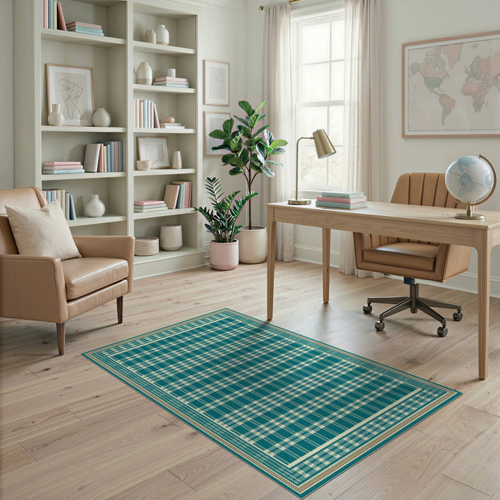 Geometric Modern Teal Plaid Washable Area Rug