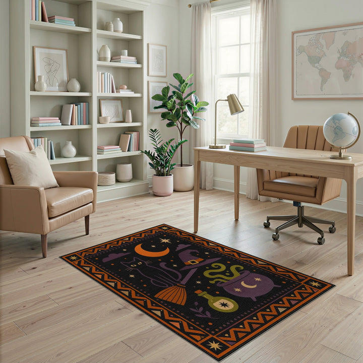 Enchanted Black Cat Witch Halloween Area Rug