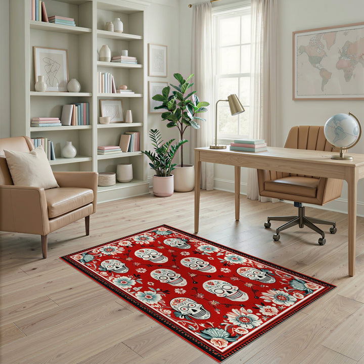 Red Floral Sugar Skull Area Rug