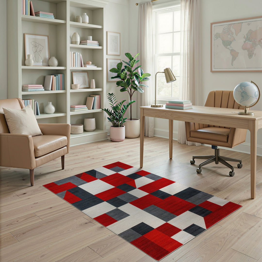 Red Geometric Block Area Rug