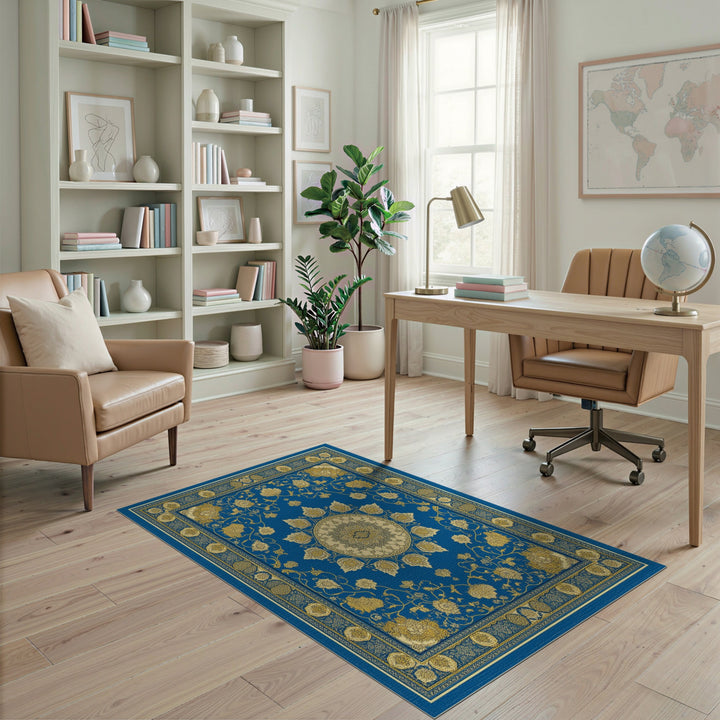 Blue Gold Medallion Floral Persian Area Rug