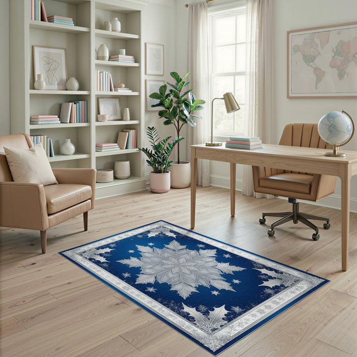 Silver Snowflake Holly Blue Area Rug