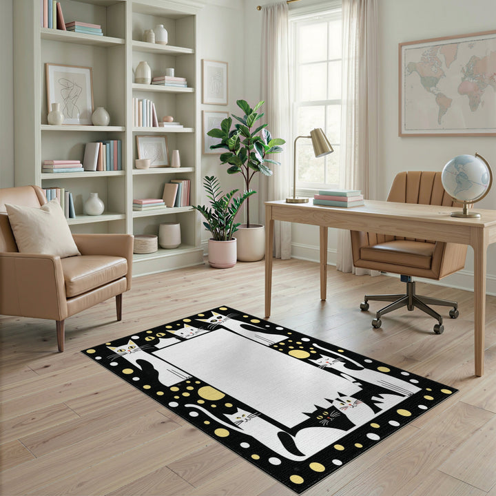Black White Cartoon Cat Kids Area Rug
