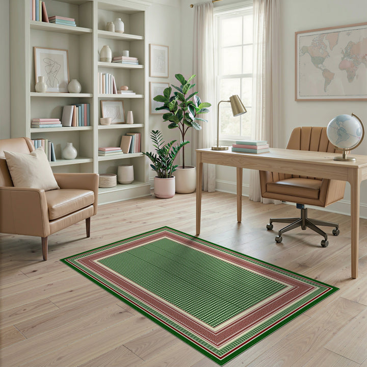 Green Checkered Area Rug with Red Border