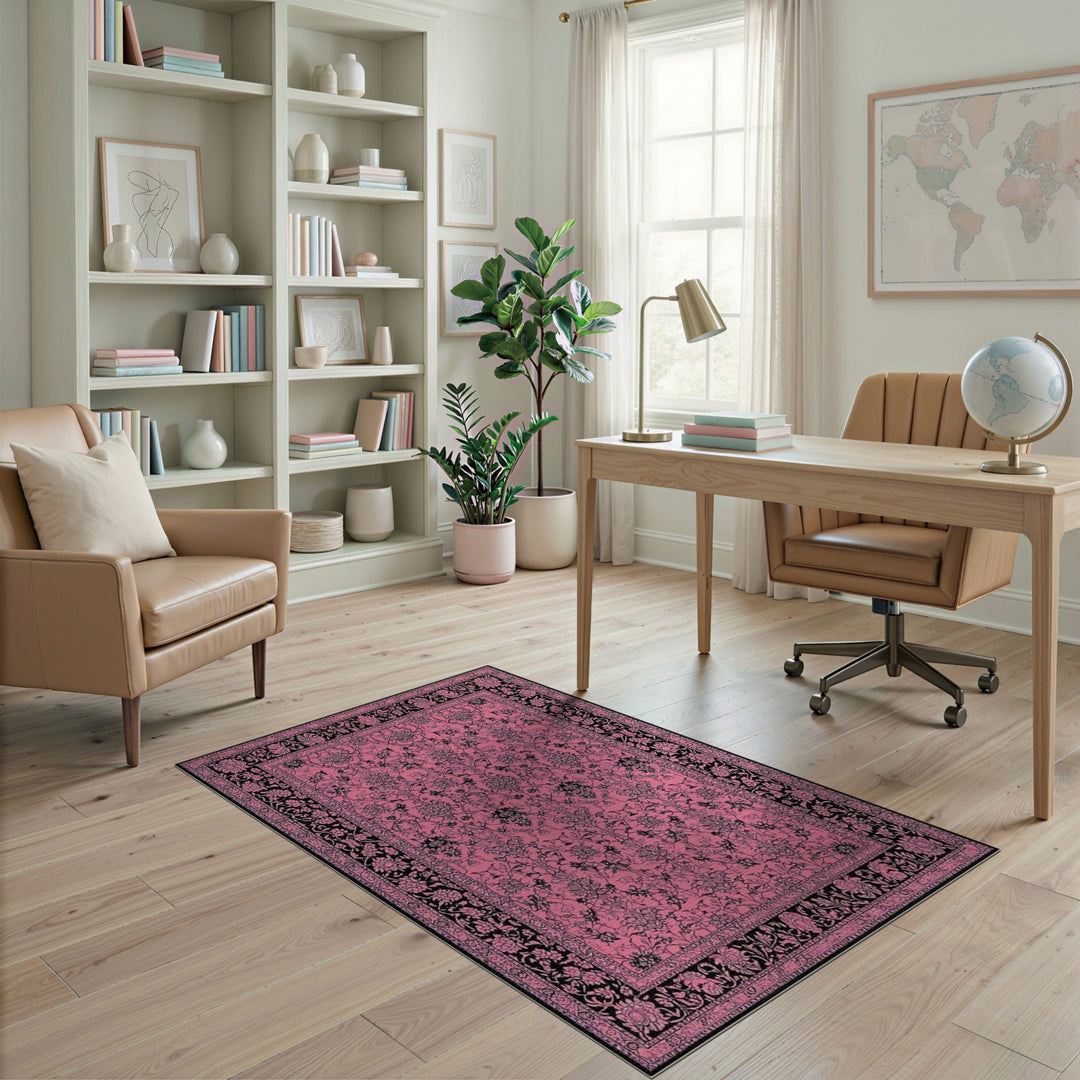 Pink and Black Floral Vintage Area Rug