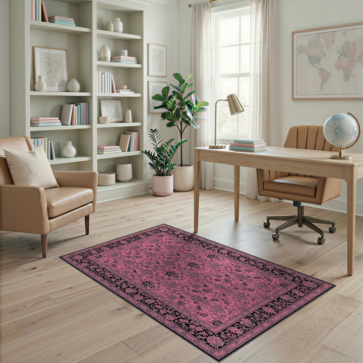 Pink and Black Floral Vintage Area Rug