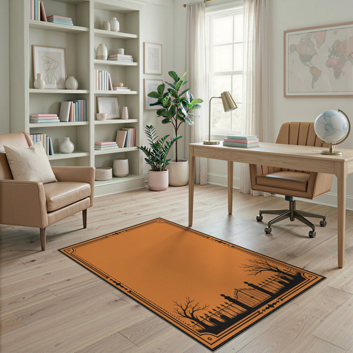 Orange Graveyard Gate Silhouette Area Rug