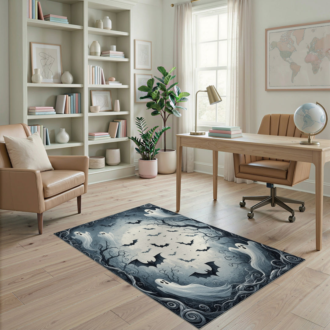 Moonlit Ghosts and Bats Black White Area Rug