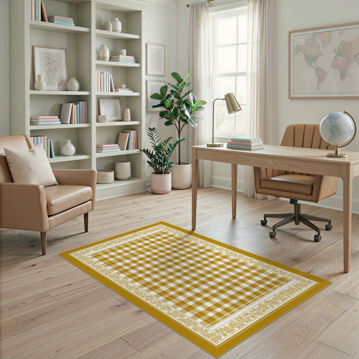Yellow Gingham Checkered Rug with Floral Border