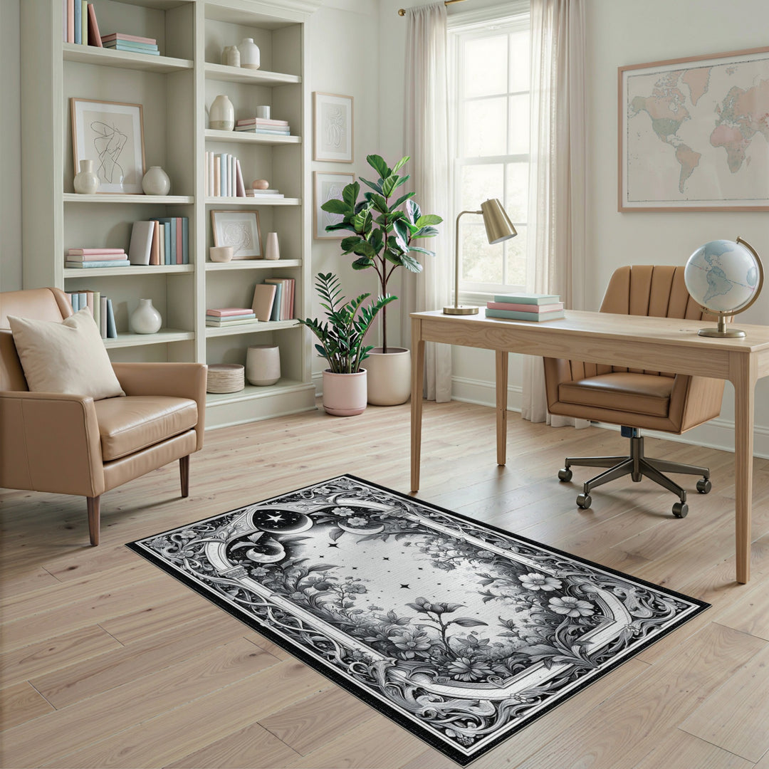 Black and White Celestial Floral Black White Area Rug